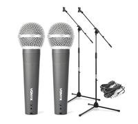 VONYX DM58 Dynamic Vocal Microphone Kit with 2 Wired Cardioid Mics, 5m Cables and 2 Adjustable Boom Stands, XLR Karaoke Microphones for Singing, Speech and Events
