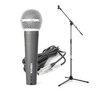 VONYX DM58 Dynamic Vocal Microphone with Adjustable Boom Stand, Wired Cardioid XLR Mic with 5m Cable, Built In Pop Shield, Live Singing, Karaoke, Speech and Recording Kit