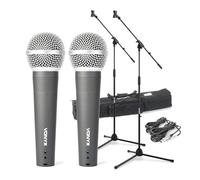 VONYX DM58 Wired Dynamic Microphone Kit with 2 Handheld Cardioid Vocal Mics, 2 Boom Stands, Carry Bag, 5m Cables, Karaoke Microphone Set for Singing, Speech and Events