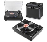 Vonyx DT3000 DJ T+urntable setup with 2 belt driven vinyl record decks and LP record case, USB record player system for home Hi-Fi listening, mixing and vinyl storage