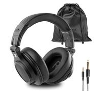 VONYX HDX120BK DJ Headphones Wired with Microphone, Dual 6.3mm & 3.5mm Outputs, 40mm Drivers, Foldable, Vegan Protein Leather, Coiled & Straight Cables, Carry Bag, Black