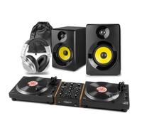 Vonyx Home DJ Setup with 2 DT3000 Belt Drive Turntables, Rotary DJ Mixer, Active Monitor Speakers and DJ Headphones, Vinyl DJ Decks Starter Kit for Home Mixing and Hi-Fi Listening