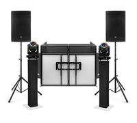 VONYX Mobile Disco Setup with DJ PA System Package, 15" Active Speakers, Stands, Booth with TV Mount, LED Moving Head Lights & Lighting Plinths for Weddings, Parties