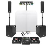Vonyx Mobile DJ Setup with 2 DT3000 Belt Drive Turntables, 4 Channel DJ Mixer, Booth, 2.2 Column PA System and Party Light Bar, Complete Vinyl DJ Package for Events