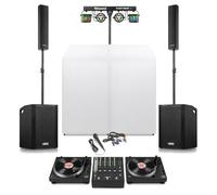 Vonyx Mobile DJ Setup with DT3000 Turntables, 4 Channel Mixer, Column Array PA System, DJ Booth and Party Light Bar, Complete Vinyl DJ Package for Events and Parties
