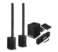 Vonyx portable PA system bundle, pair of battery powered column speakers with Bluetooth 5.0, USB playback, mixer, stereo pairing and padded carry cover bags for gigs