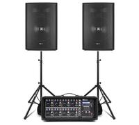 Vonyx SL15 PA System with Powered Mixer, Dual 15" Passive Speakers, Stands & Cables - 800W Band, Church & Singer Sound Package