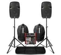 Vonyx SPJ-1000ABT Compact PA System with Bluetooth, 2x 10" Active Speakers, PDM-Y401 Mixer, Stands & Bags for Band Practice, Guitar and Vocal Performances, 400W