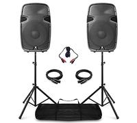 VONYX SPJ-1500A Active DJ PA Speaker System - 1600W Powered 15" Speakers Pair with Adjustable Stands, XLR Cables & Audio Connector for Parties, Mobile DJs & Events