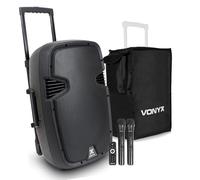 Vonyx SPJ-PA912 12-Inch Portable PA Speaker System 500W with Wireless Microphones, Bluetooth, Rechargeable Battery & Protective Cover
