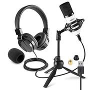 VONYX USB Studio Condenser Microphone and Headphones Set CM300W VH120 for PC Mac Streaming Podcasting, Complete Home Recording Kit with Tripod Stand and Shock Mount