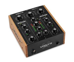 VONYX VDJ250 2-Channel Retro Rotary DJ Mixer, Analogue Mixing Desk with 3-Band EQ, Warm Sound, Phono Preamps, Multiple Inputs/Outputs, Mic Input, Booth Output, Compact DJ Gear