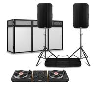 Vonyx Vinyl DJ Package with 2 Direct Drive Turntables, 4 Channel Rotary Mixer, Active 15 Inch PA Speakers, Speaker Stands, DJ Booth, RCA and XLR Cables for Mobile DJ Setup