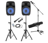 VONYX VPS082 Bluetooth Active Party Speaker Set - 8 Inch 400W House Bluetooth Party Speakers with Lights, Tripod Stands, Microphone, Adjustable Mixer & Echo Control PA System Kit