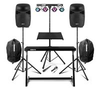 Vonyx VPS082A 8" Active DJ Speaker Package with MAX PartyBar1 Lighting System, Speaker Stands, DJ Booth and Speaker Carry Bags - Beginner DJ Setup for Small Gigs and Home DJs
