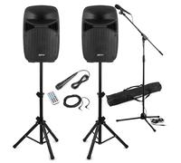 Vonyx VPS102 10" Active PA DJ Speaker System with Bluetooth, Adjustable Stands, Wired Microphone & Accessories - Complete DJ Gear Bundle for Small Venues, Home Events & Beginner DJs