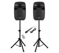 Vonyx VPS102A 10" Active DJ PA Speaker System with Bluetooth, USB/SD MP3 Playback, Adjustable Sound Control, Active/Passive Pair with Microphone & Speaker Stands Included