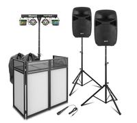 Vonyx VPS102A 10" Active DJ Speaker Package with DJ Booth, BeamZ PartyBar2 Disco Lighting System, Speaker Bags & Stands - Complete Home DJ Setup for Small Gigs