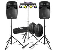 Vonyx VPS152A 15" Active DJ Speaker Package with Bluetooth, MAX PartyBar10 Disco Lights, Stands, Microphone & SoundSak Protective Bags - Ideal Home DJ Setup for Medium/Large Gigs