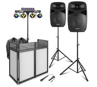 Vonyx VPS152A 15" Active DJ Speaker System Package with MAX PartyBar10 Disco Lighting, Foldable DJ Booth, Speaker Stands & Carry Bags - Complete Medium/Large DJ Starter Kit
