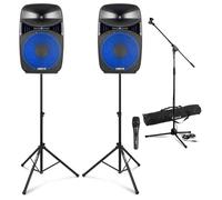 Vonyx VPS152A 15" Active Party Speaker System with Microphone Kit, Bluetooth, USB Playback, Adjustable Stands & LED Party Lights - Home Karaoke & Vocalist PA Set