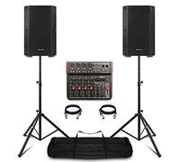 VONYX VSA08BT Complete PA System Package - 2x 8-Inch Active Bluetooth PA Speakers, 8-Channel Mixer with USB Audio Interface, DSP Effects, Stands & XLR Cables for Bands, DJs & Churches
