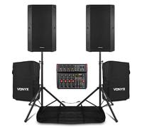 VONYX VSA12 Active PA System with VM-KG08 8-Channel Audio Mixer, Bluetooth & DSP Effects, Pair of Tripod Stands, Protective Speaker Bags & 6m XLR Cable - Complete 1600W Live Sound Setup