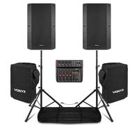 VONYX VSA120S 12-Inch Active PA System with 8-Channel PA Mixer, Bluetooth, DSP Effects, Speaker Stands, Protective Carry Bags and XLR Cables - 800W Professional DJ Speaker Kit