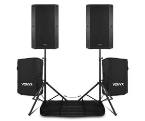 VONYX VSA12BT 12" 1600W Active PA Speaker System with Bluetooth, Speaker Stands & Protective Covers - Complete DJ Sound Setup for Parties & Events