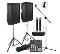 Vonyx VSA12BT Professional Karaoke Setup, Dual 12-Inch Speakers, Bluetooth, UHF Wireless Mics, Tablet Stand, Home Karaoke System with Screen for Entertainment