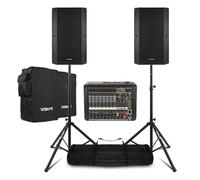 VONYX VSA12P 12-Inch Passive Band PA System with Power Dynamics PDM-S804A Powered Mixer, Speaker Stands, Covers & Cables - Complete Live Sound Package for Bands, DJs & Events