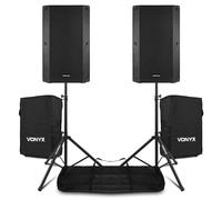 Vonyx VSA15 15-Inch Active PA Speaker Set, Tripod Stands & Covers, 2000W