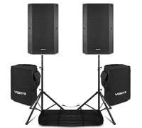 Vonyx VSA150S 15" Active DJ Speaker Set with Bluetooth, Stands & Protective Covers - 1000W Portable Powered PA System for Live Events, DJs & Performances