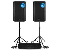 VONYX VSA15BT Active PA Speaker System with Stands & Cables - 2x 15 Inch 1000W Bluetooth DJ Speakers, Portable Sound System Bundle for Live Music, DJs & Events