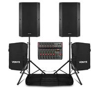 VONYX VSA15BT Complete Active PA System - 2x 1000W 15" Bluetooth Speakers, VM-KG10 10-Ch Mixer, Stands, XLR Leads & Protective Covers Included - Ideal DJ, Live Band & Vocalist PA Solution