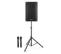 VONYX VSA500 12" Portable PA System, 800W, Stand, Battery, Wireless Mics | Bluetooth, USB/SD MP3 Media Player, wheels & extendable telescopic handle, tripod, echo effects
