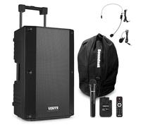 VONYX VSA500-BP 12-Inch Portable PA System, Wireless Mics, Bluetooth, 800W | Headset & lapel mic, USB/SD, 8-hour battery, wheels, telescopic handle