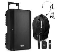 VONYX VSA700-BP Portable PA System, 15-Inch, Wireless Mics, Bluetooth, Bag | Headset/lapel microphones, Rechargeable battery, USB/SD Media Player, telescopic handle, wheels, 1000W, Wireless Streaming