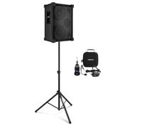 VONYX VSB210 Battery PA System with Wireless Headset Microphone & Stand | Dual 10in woofers, UHF up to 50m range, Bluetooth 5.3, mix output for recording