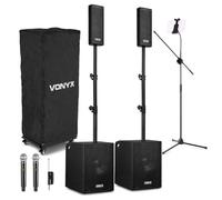 Vonyx VX1020BT Pro Karaoke System with Dual Wireless Microphones, 2x 10" Subwoofers, Bluetooth Streaming, USB/SD MP3 Player, Integrated Stand, Home Audio Package, Professional PA Setup, 1050W Output