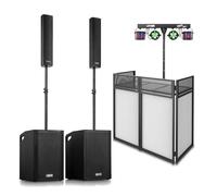 Vonyx VX1080BT Complete DJ PA System Package with 1250W Column Array Speakers, Dual 15" Subwoofers, DB4 Foldable DJ Booth (Black/White Lycra), and MAX PartyBar12 Lighting Bar