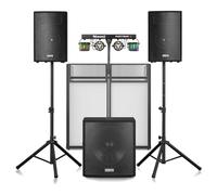 Vonyx VX1218BT DJ PA System Package with DB4 Pro DJ Booth & Plug-and-Play PartyBar2 Light, 1200W 2.1 Active Speakers, 18” Sub, Wireless Bluetooth PA, Professional Mobile DJ Setup