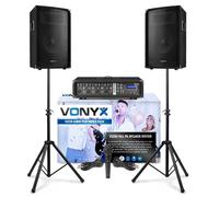 VONYX VX210 Complete Audio Performer Pack - PA Speaker System with Bluetooth Amplifier, Stands and Microphone for Live PA DJ Bands - 10" 800W