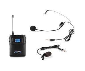 VONYX WM60B Wireless Bodypack Microphone UHF, 16-Channel Beltpack System with Headset & Lavalier Mics, LCD Display, 863-865 MHz, for Presentations, Public Speaking, Performance & Hands-free Vocals