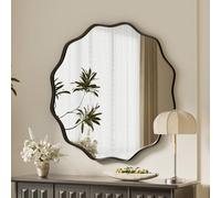 VooBang Black Scalloped Circle Mirror, 24" Wavy Edge Round Wall Mirror with Tempered Glass Textured Circular Metal Deep Frame, Hanging Leaning for Bathroom, Hallway, Entryway, Livng Room