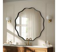 VooBang Black Scalloped Circle Mirror, 24" Wavy Edge Round Wall Mirror with Tempered Glass Textured Circular Metal Deep Frame, Hanging Leaning for Bathroom, Hallway, Entryway, Livng Room