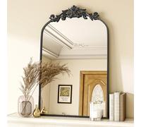VooBang Vintage Arched Bathroom Mirror, 24x36 Inch Retro Wall Mounted Vanity Mirror with Carved Pattern Top and Metal Frame, Black Decorative Mirror for Hanging or Leaning