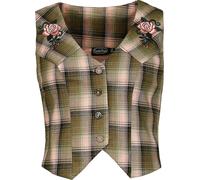 Voodoo Vixen Plaid Flower Embroidered Vest Sleeveless Jacket green pink XL