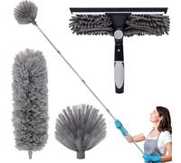 Vookkp 2.2M Window Cleaning Equipment Extendable Window Squeegee Cleaner Tool with Long Handle Tool 3 in 1 Microfiber Feather Duster Cobweb Brush Window Cleaning Kit for High Window, Wall, Car, RV
