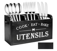 Vookkp Black Utensil Holder Wooden Cutlery Holder Large Kitchen Cooking Utensil Organizer with 3 Compartment & Drainage Bottom Silverware Flatware Caddy for Countertop Farmhouse Forks Spoons Cutters